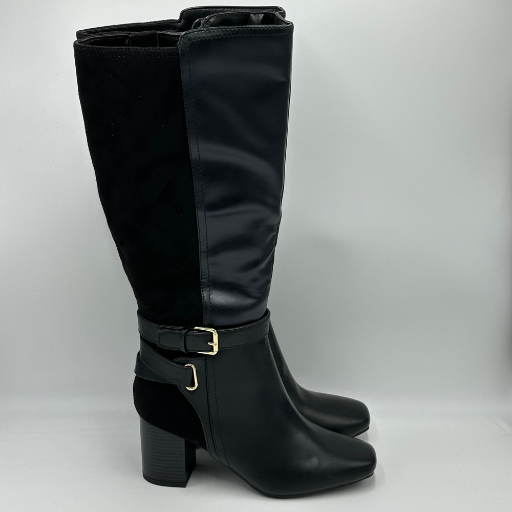 NWD Liz Claiborne Hemlock Black Faux Leather Block Heel Riding Boots Womens 6M - Picture 2 of 12